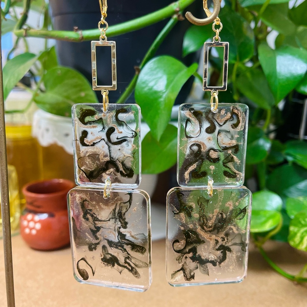 Resin Clear and Black Abstract Dangle Earrings